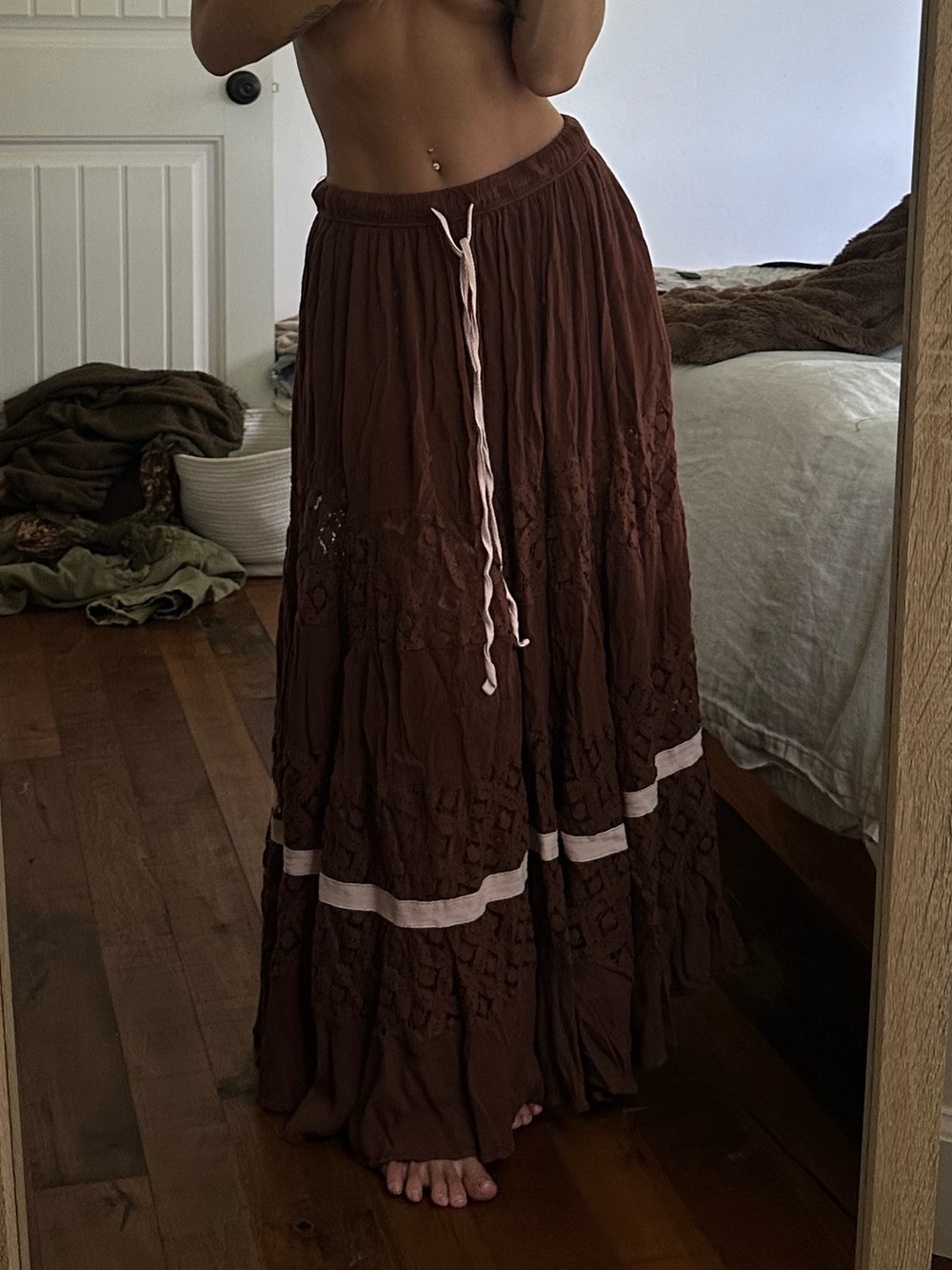 Free People Brown Tiered Maxi Skirt with Contrast Trim
